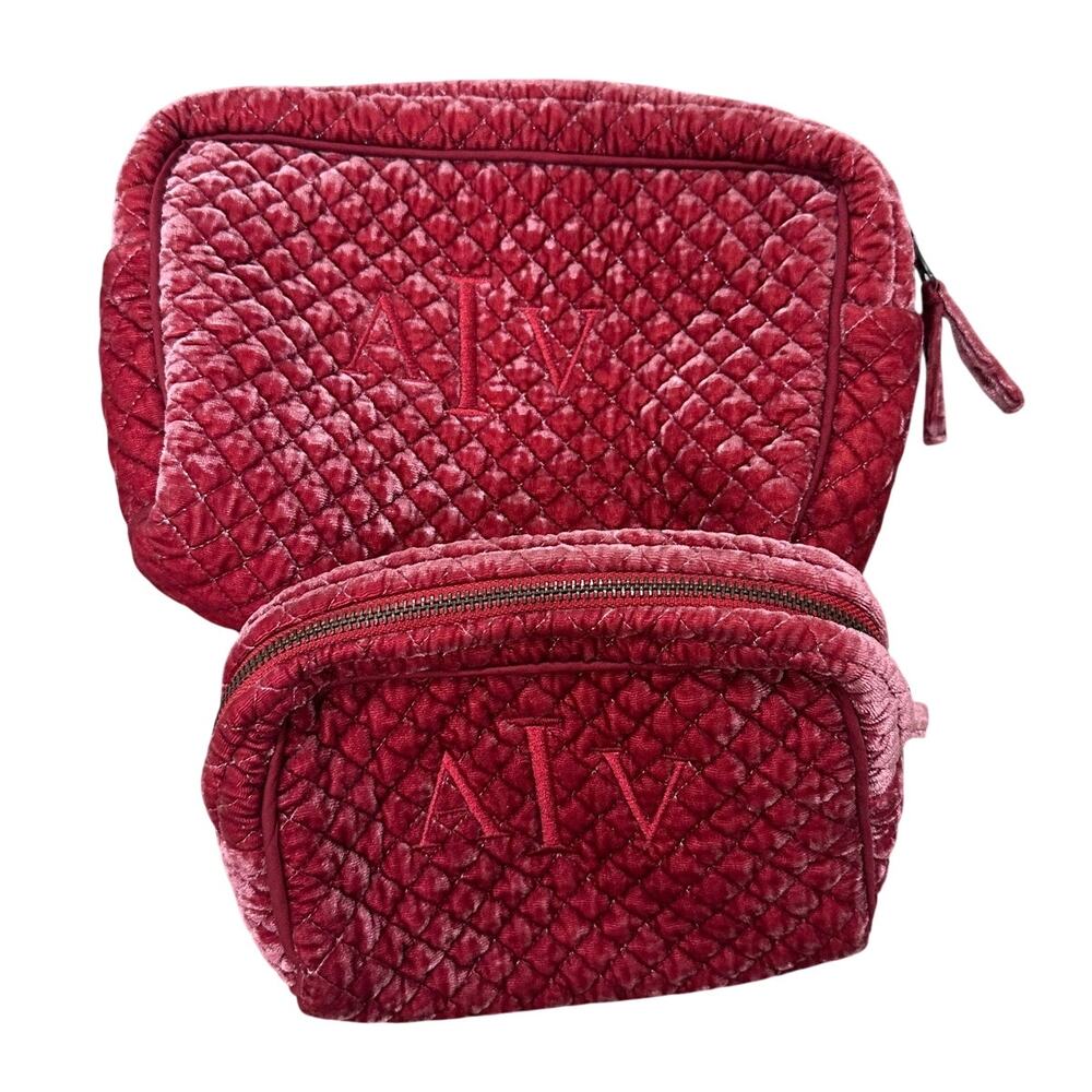 NWOT Pottery Barn Luxe Diamond Quilted Red Velvet Travel Toiletry Pouch Set